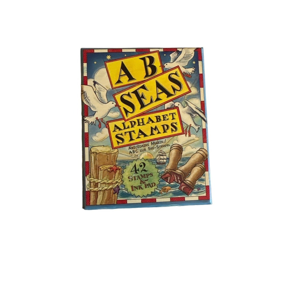 A B Seas Alphabet Stamps Set 42 Wood Handled Stamps Blue Ink Pad Original Box